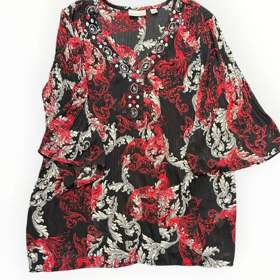 AVENUE RED BLACK WHITE ACCORDION BLOUSE 7 Sz 18/20