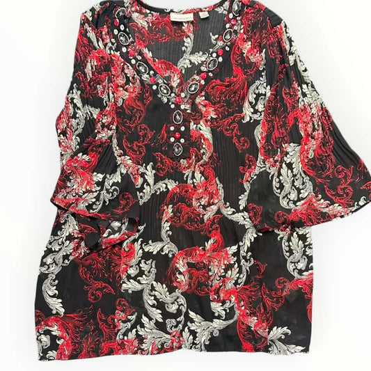 AVENUE RED BLACK WHITE ACCORDION BLOUSE 7 Sz 18/20
