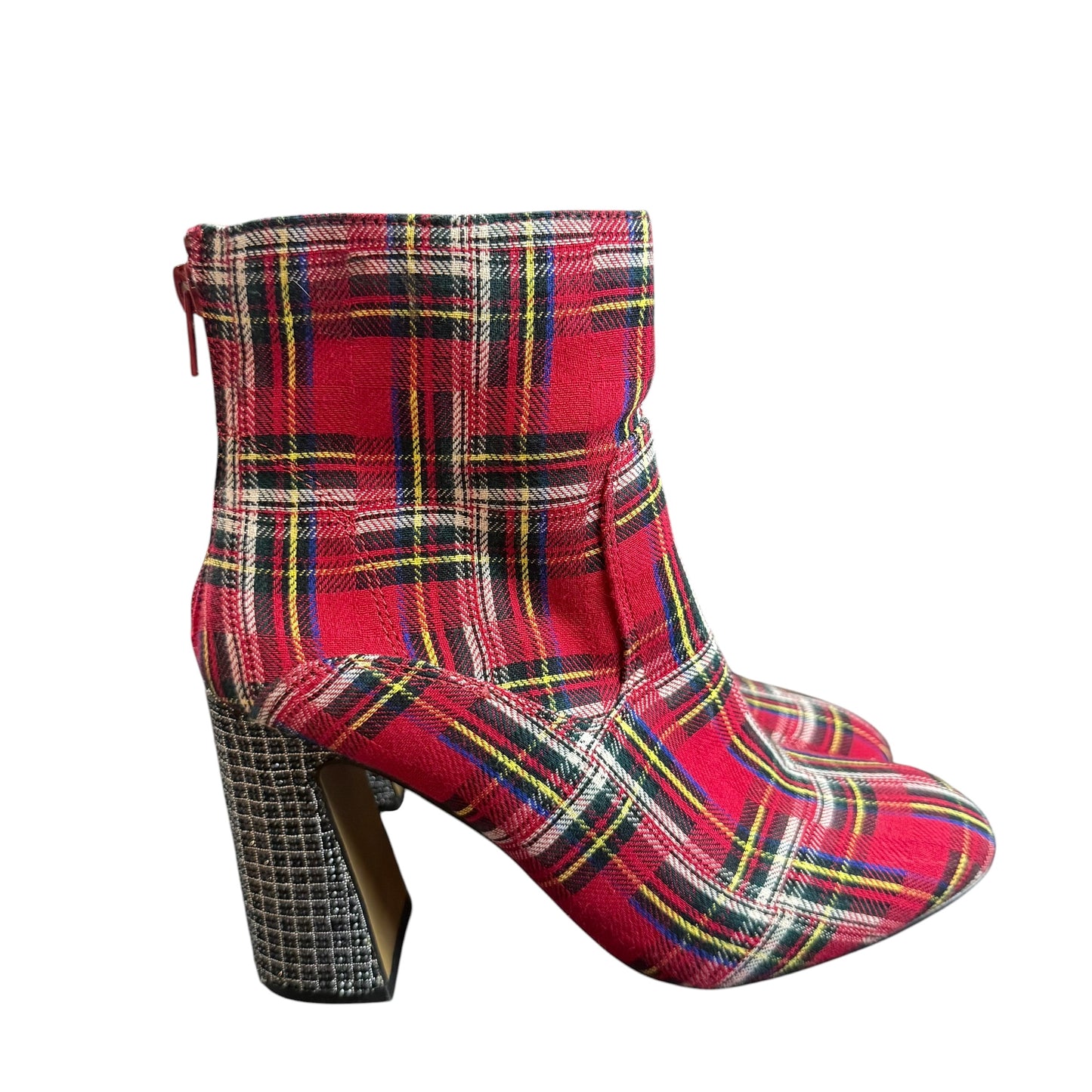 RED PLAID ANKLE BOOTIES EMBELLISHED SQUARE HEEL 248 SZ 7