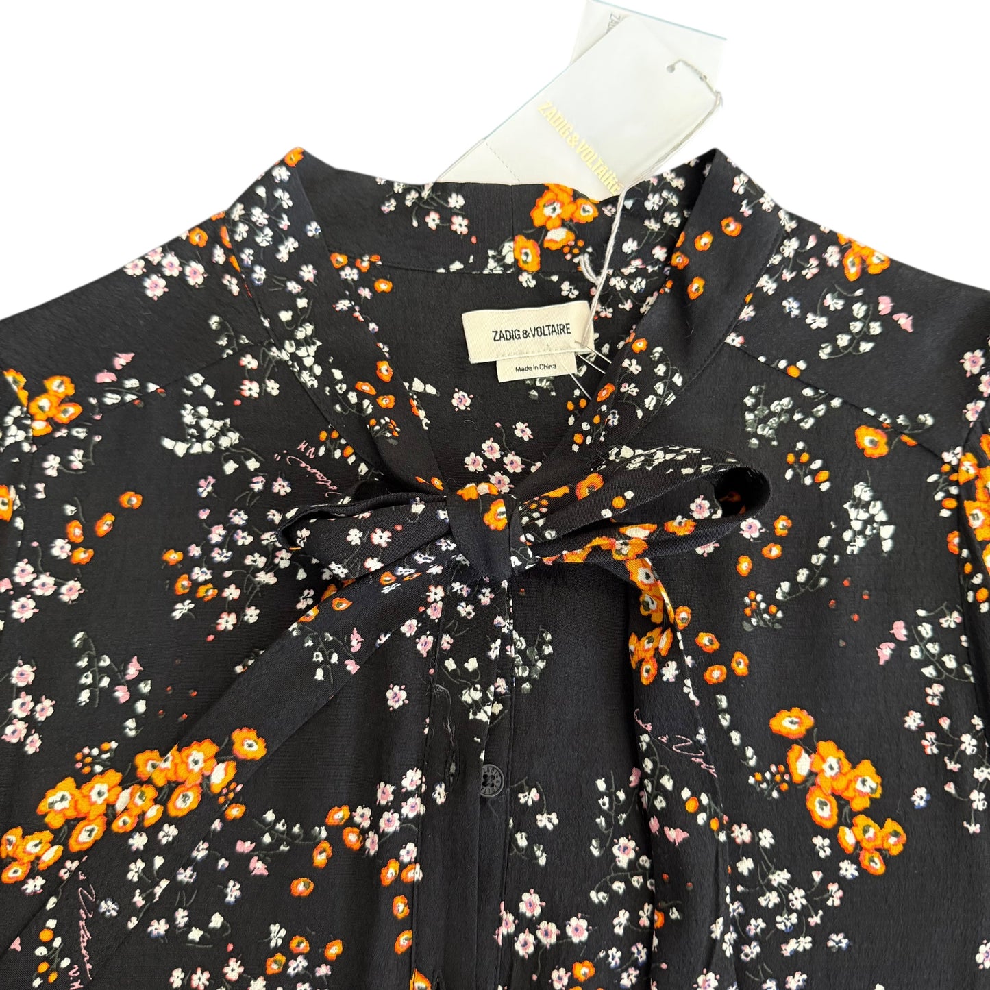ZADIG & OLTAIRE BLACK FLORAL LONG SLEEVE BLOUSE NWT 122 SMALL