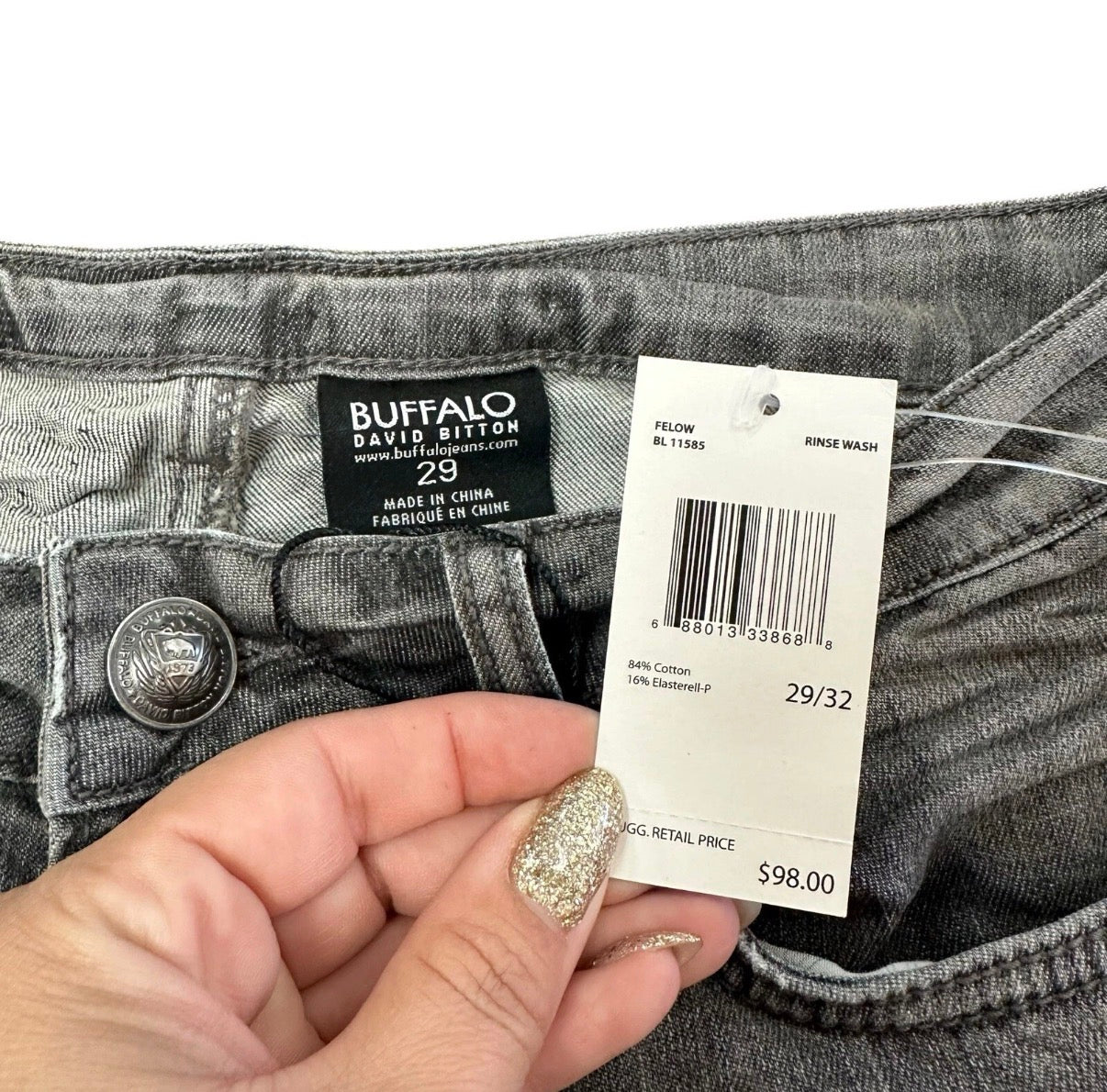 BUFFALO DAVID BITTON JEANS NWT FELOW RINSE WASH MID RISE STRETCH SZ 29x32
