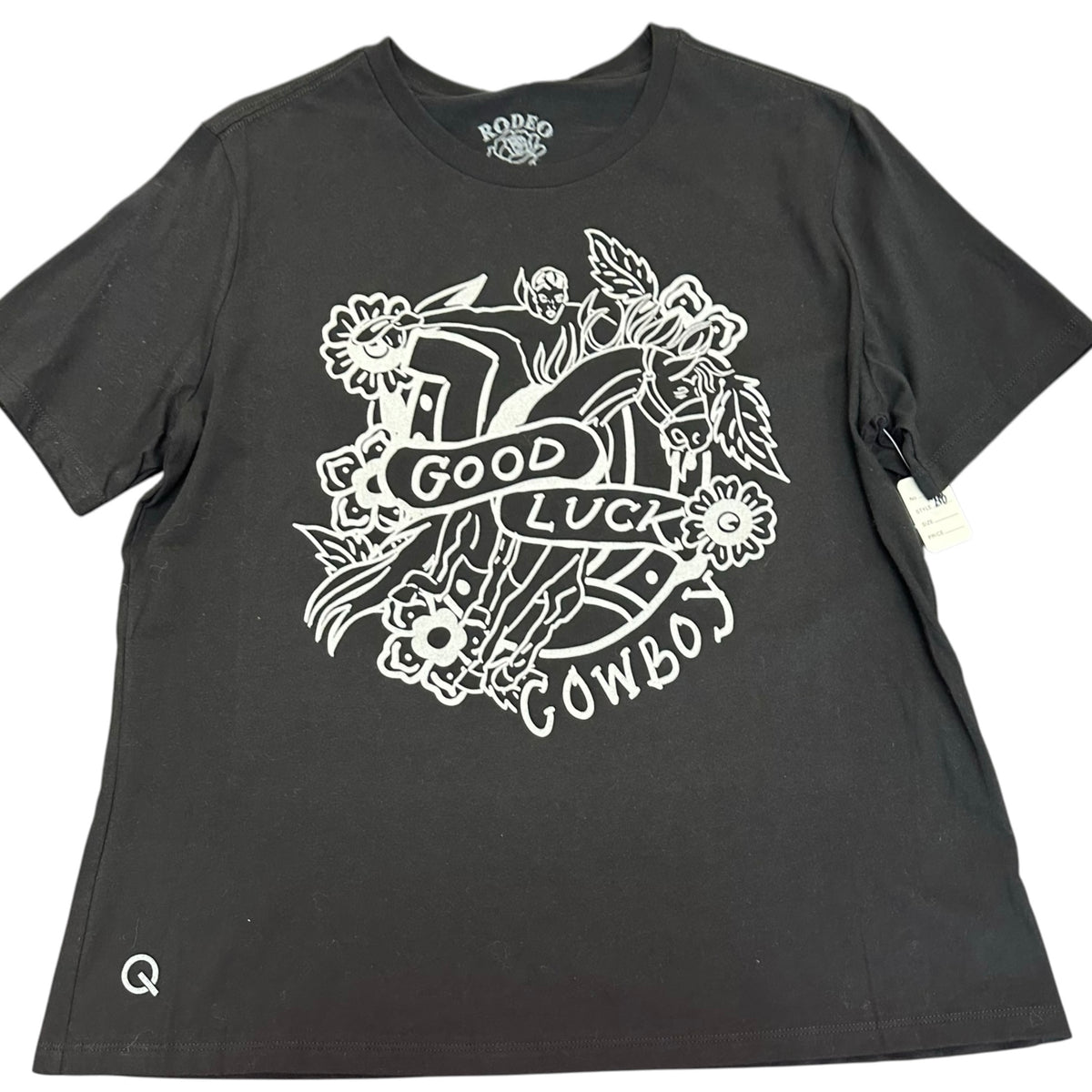 RODEO QUINCY BLACK WHITE GOOD LUCK COWBOY TEE NWT 298 XL