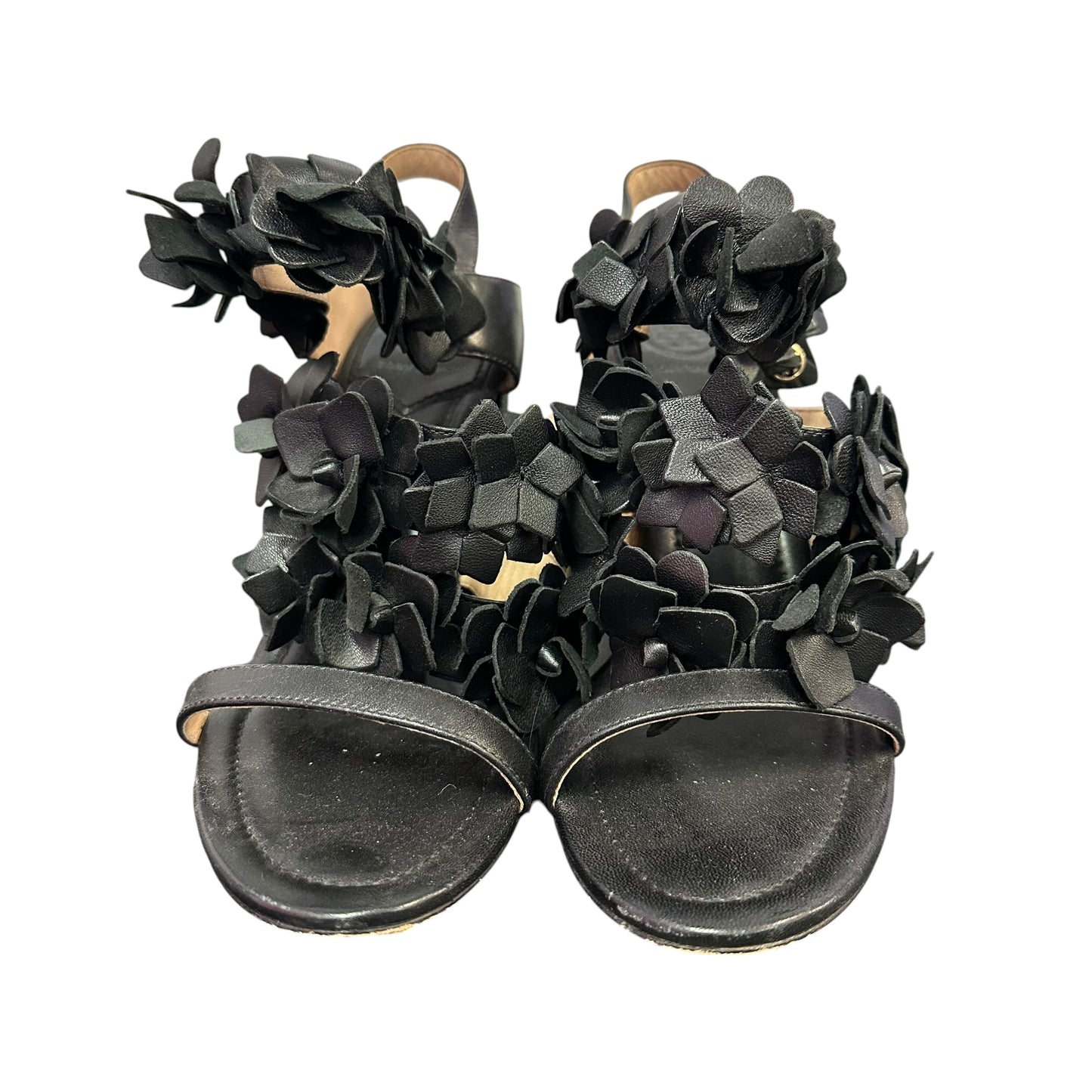 TORY BURCH BLACK LEATHER FLORAL HEELS SZ 7.5
