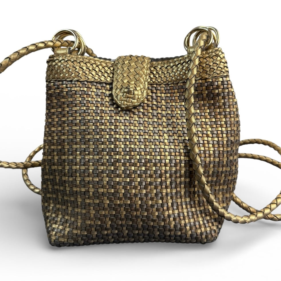 VINTAGE METALLIC GOLD BRONZE WOVEN FAUX LEATHER HANDBAG 100
