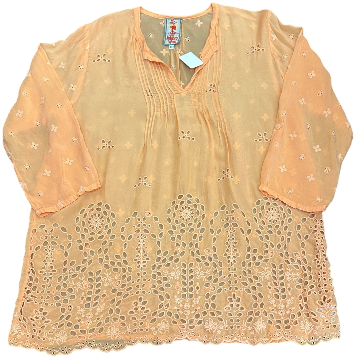 JOHNNY WAS ORANGE SEMI SHEER ORANGE TUNIC EYELET EMBROIDERED 298 MEDIUM