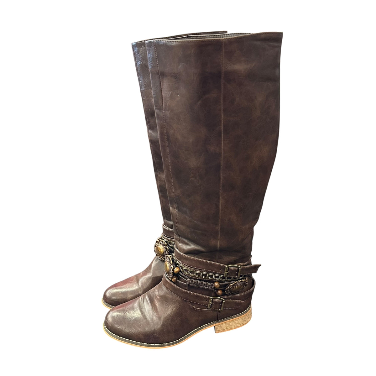 BROWN VEGAN LEATHER RIDING BOOTS EMBELLISHED 100 SZ 7