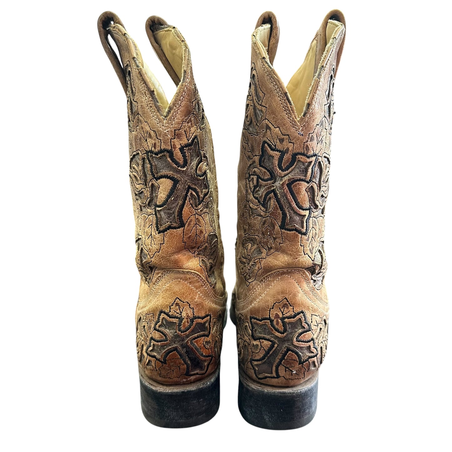 CORRAL BOOTS WESTERN COWBOY SADDLE BROWN ROSE CROSS SQ TOE 100 SZ 8