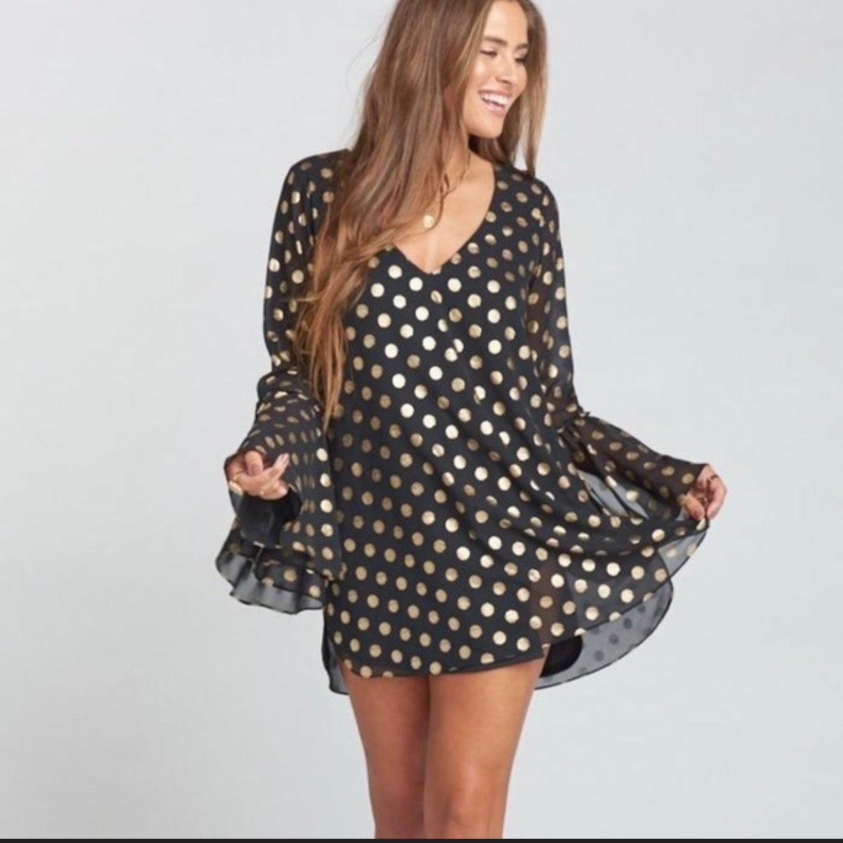 SHOW ME YOUR MUMU BLACK GOLD METALLIC POLKA DOT DRESS 256 MEDIUM