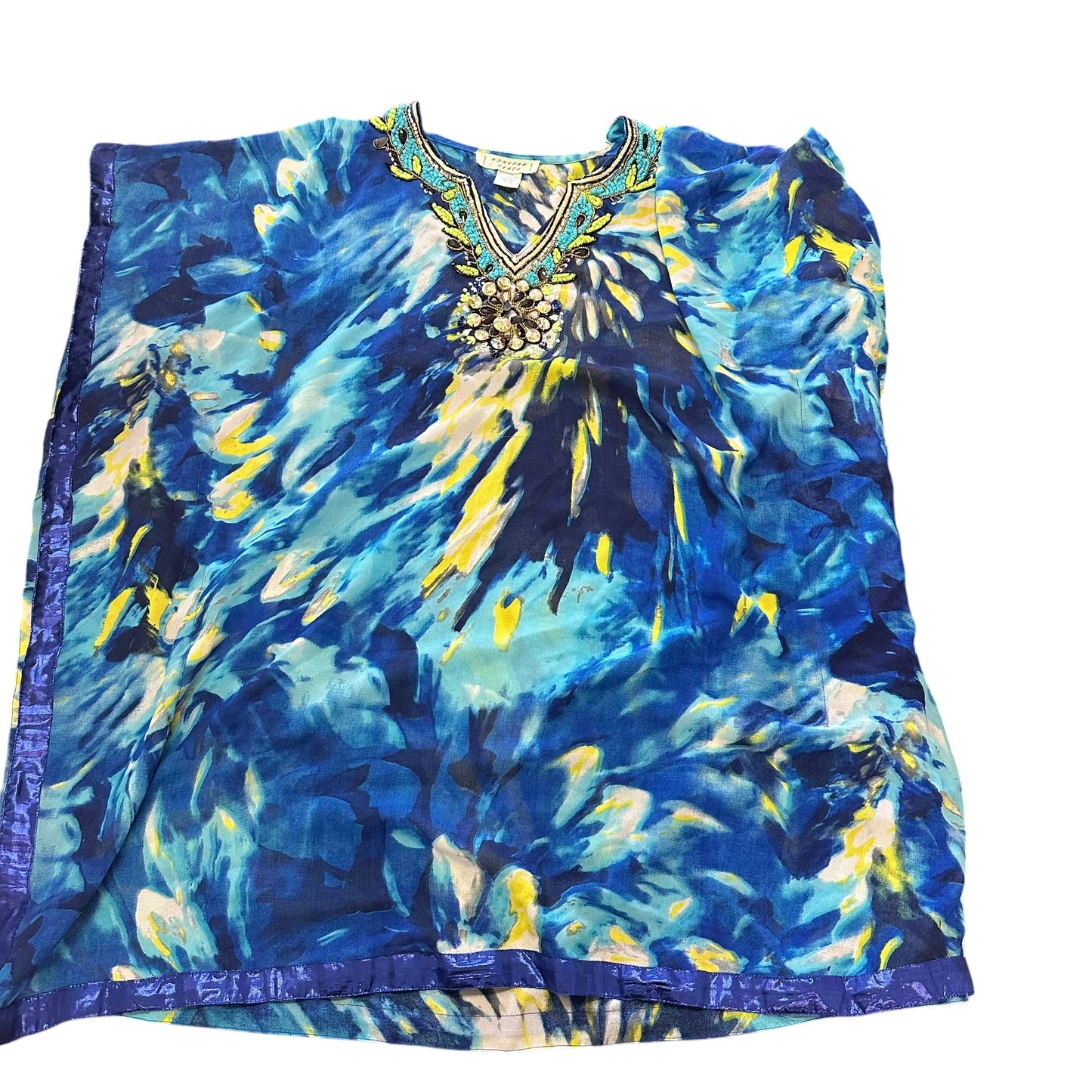 NOUVEAU BEACH BLUE SEMI SHEER SWIMSUIT COVER-UP BEADED EMBELLISHED 234 SMALL