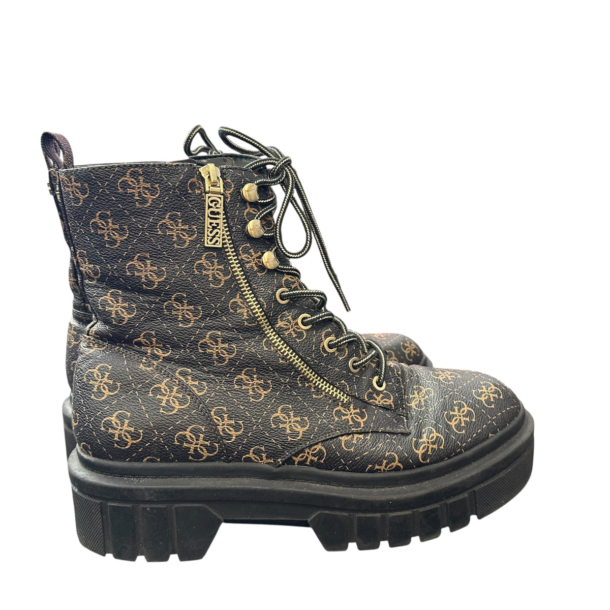 GUESS FERINA COMBAT BOOTS LOGO MONOGRAM BROWN CHUNKY LUG SOLE 293 SZ 11