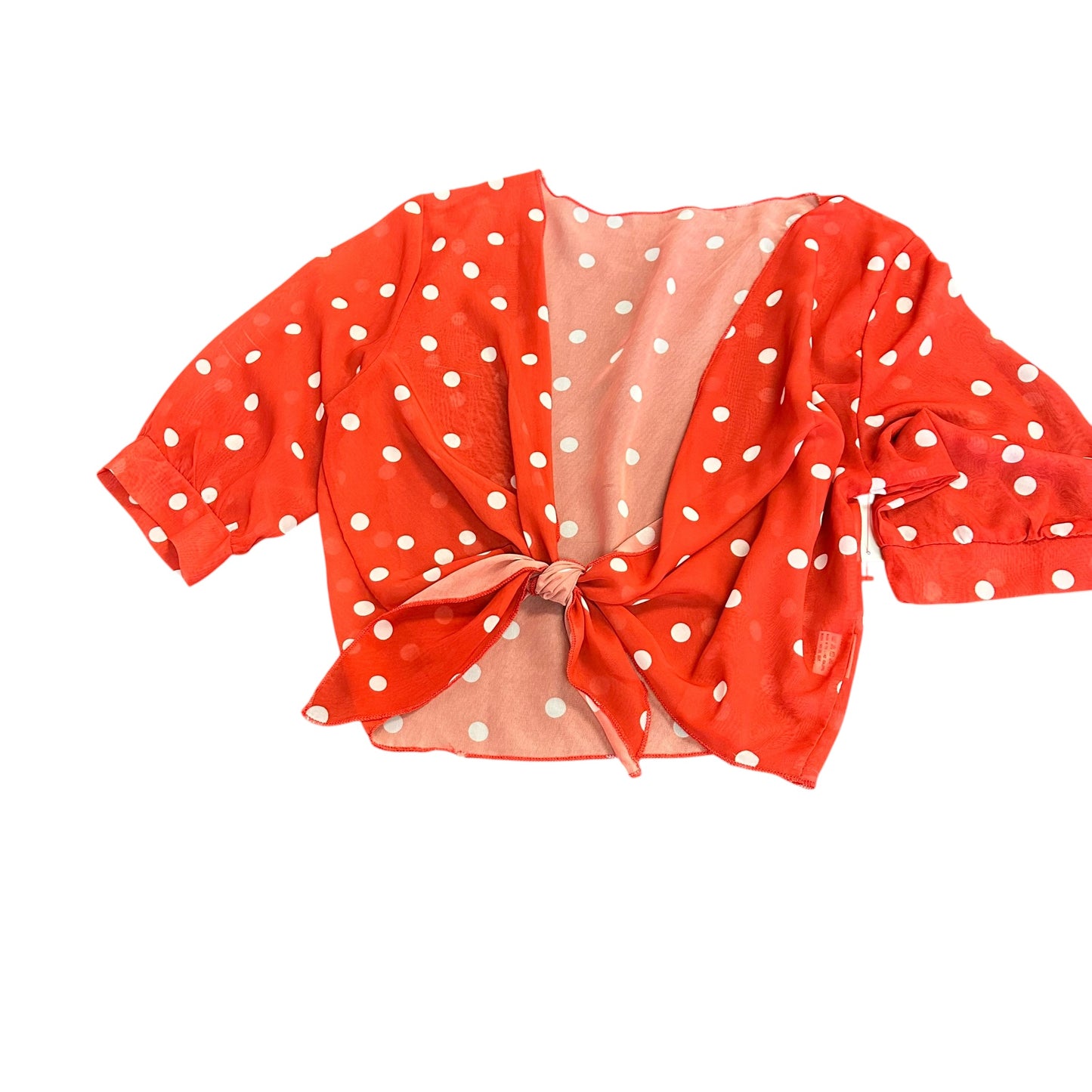 RED WHITE POLKA DOT TIE FRONT SEMI SHEER BLOUSE 248 MEDIUM