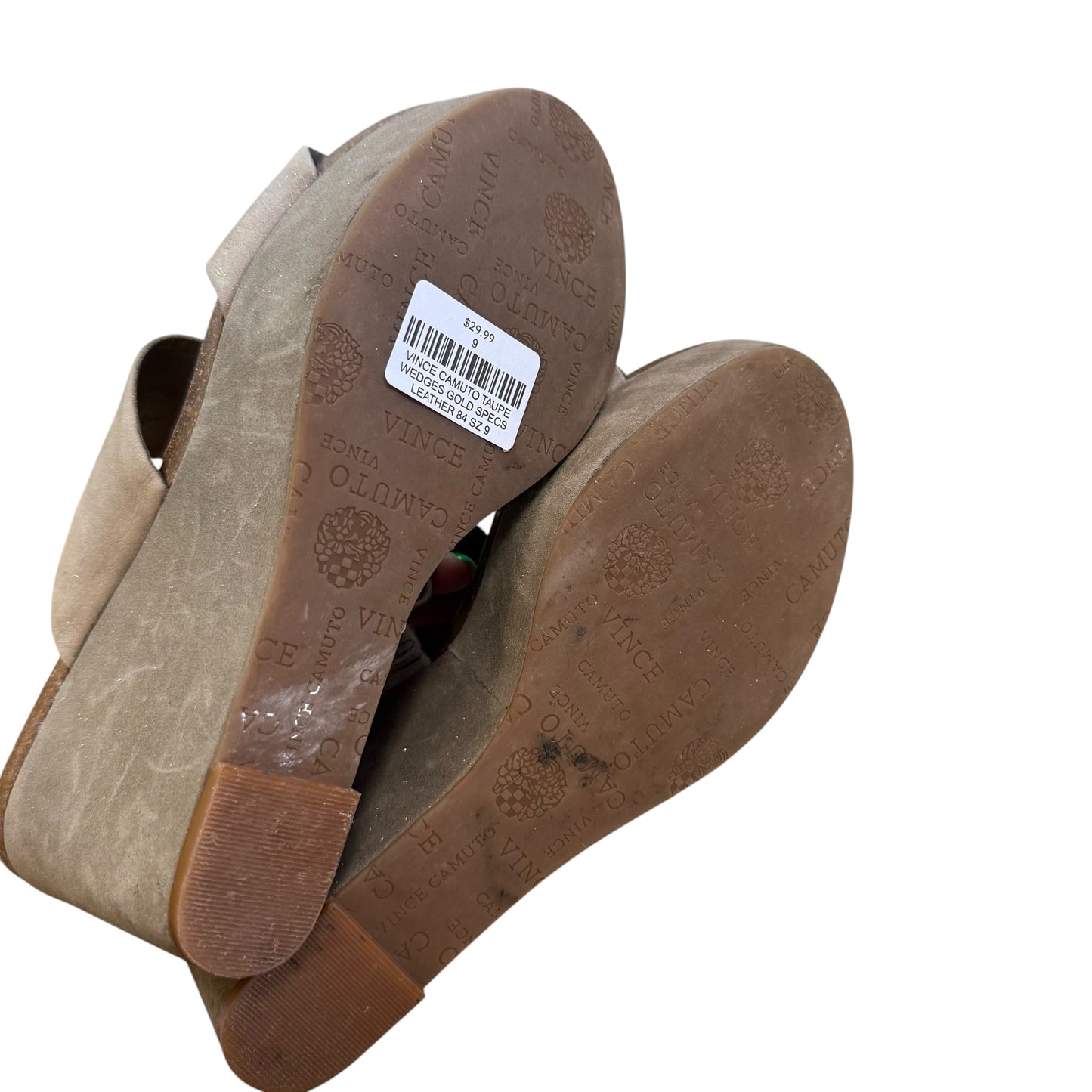 VINCE CAMUTO TAUPE WEDGES GOLD SPECS LEATHER 84 SZ 9