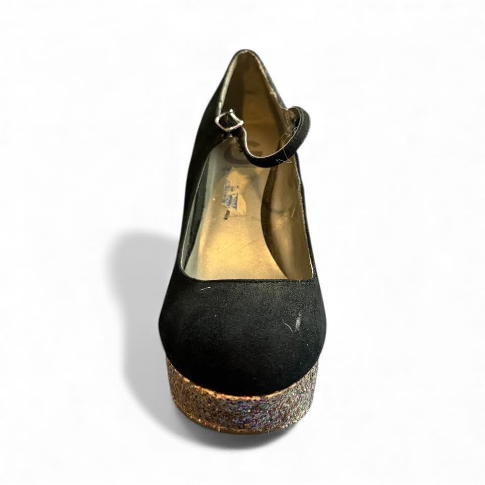 G BY GUESS BLACK GLITTER WEDGES SZ 8
