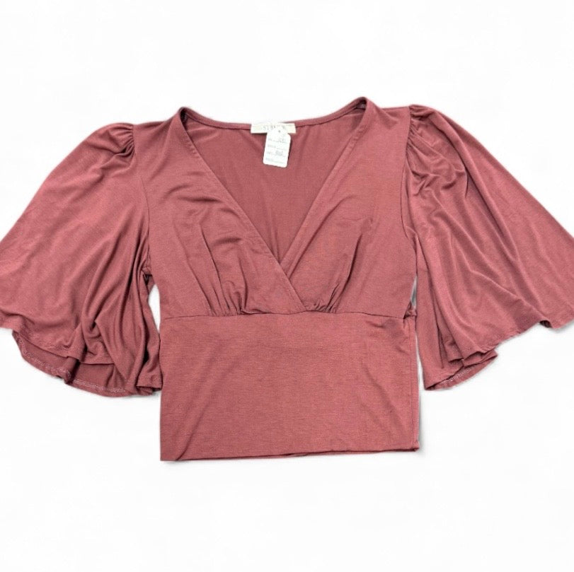 STYLIVE DUSTY ROSE MAUVE PINK FLUTTER SLEEVE V NECK BLOUSE NWOT MEDIUM