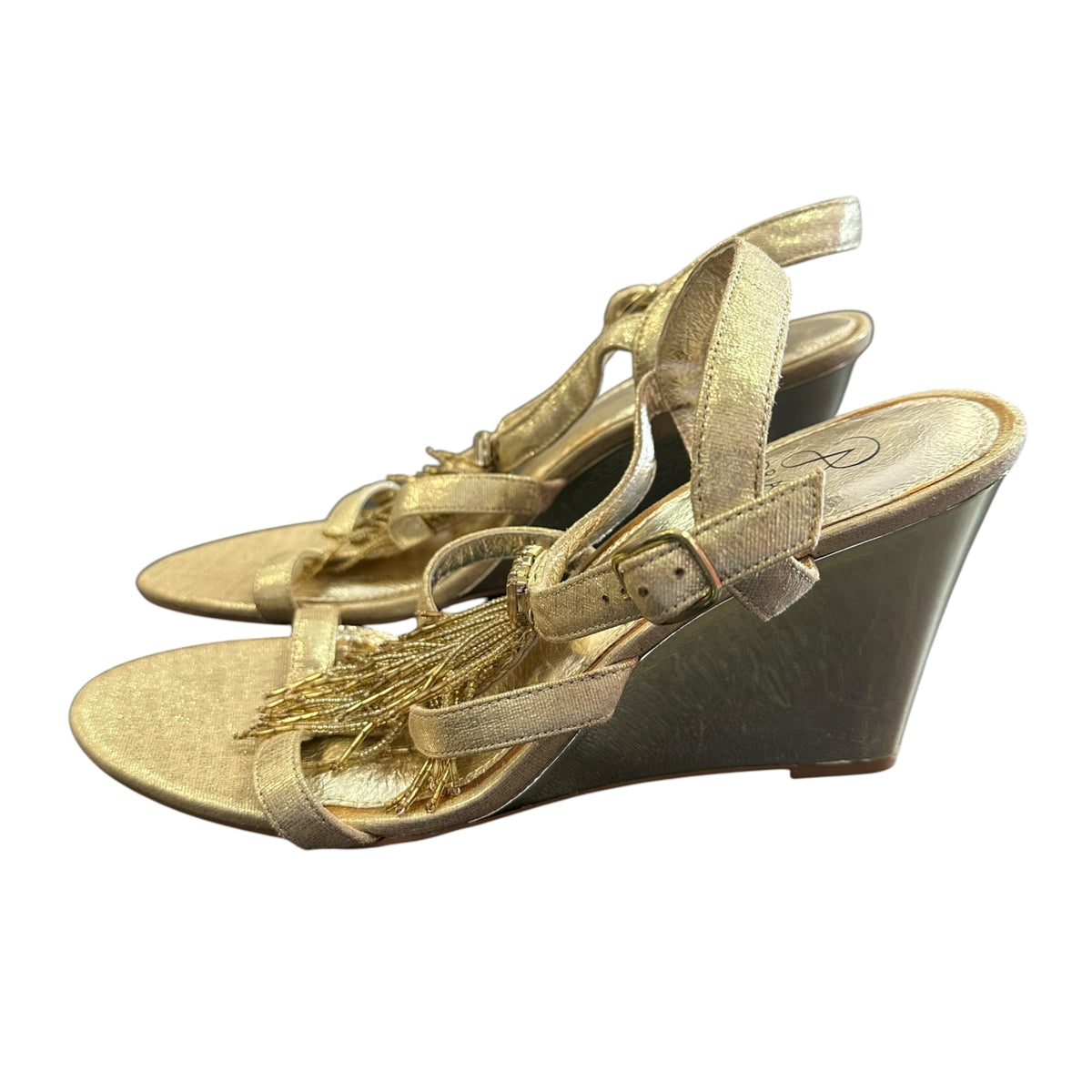 ADRIANNA PAPPEL GOLD TASSEL BEADED WEDGES 200 SZ 9