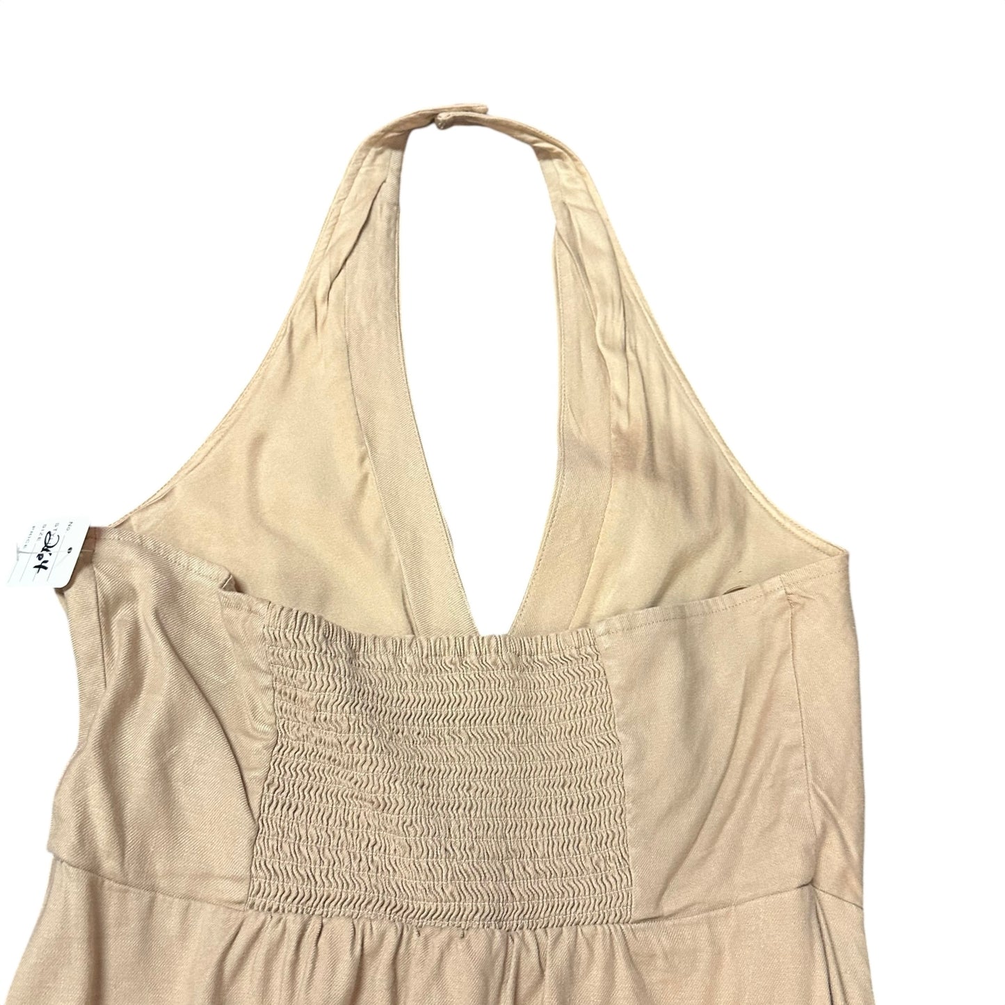 BY ANTHROPOLOGIE LINEN HALTER COLUMN MIDI DRESS TAN NWT 264 MED PETITE