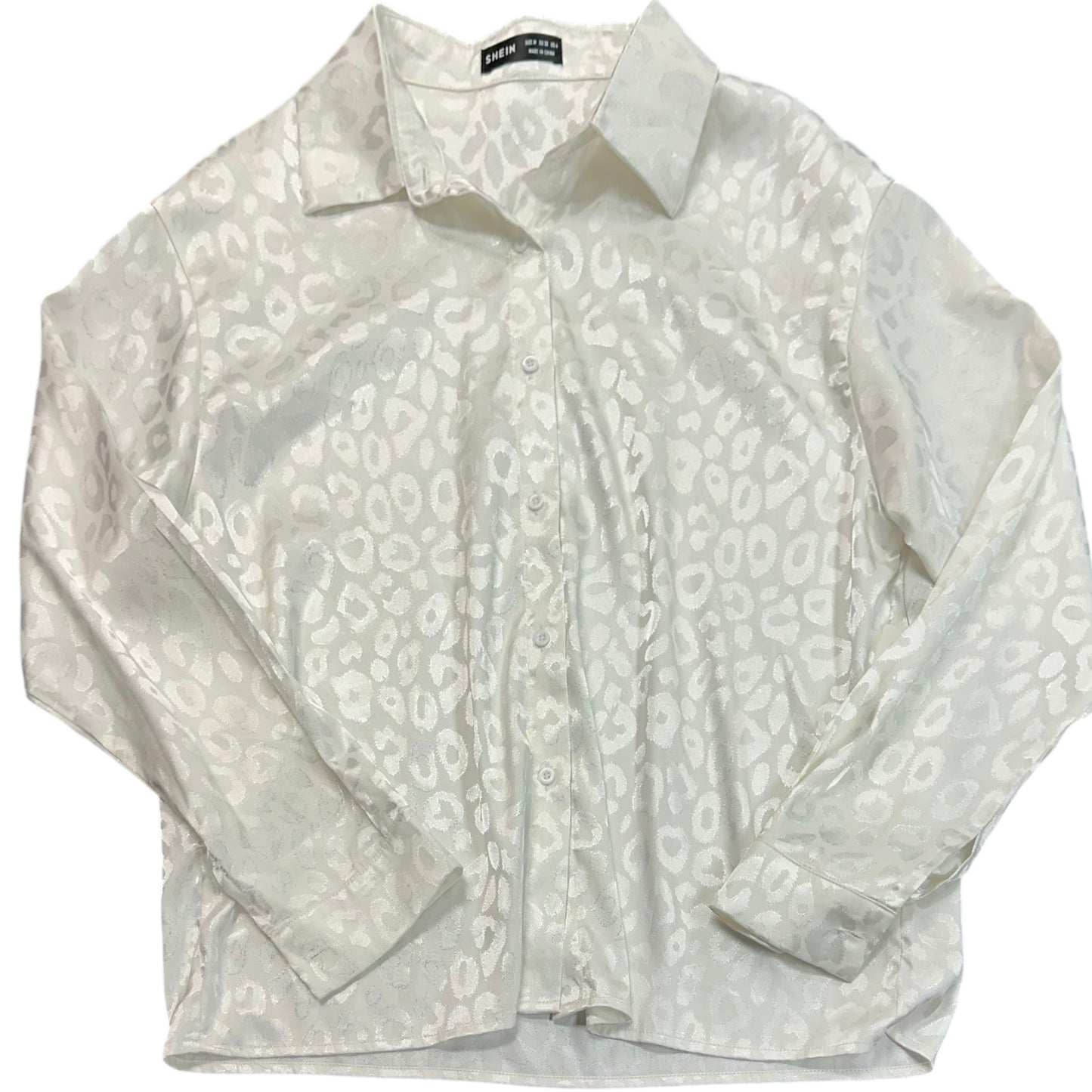 SHEIN WHITE SATIN ANIMAL PRINT BLOUSE 100 MEDIUM