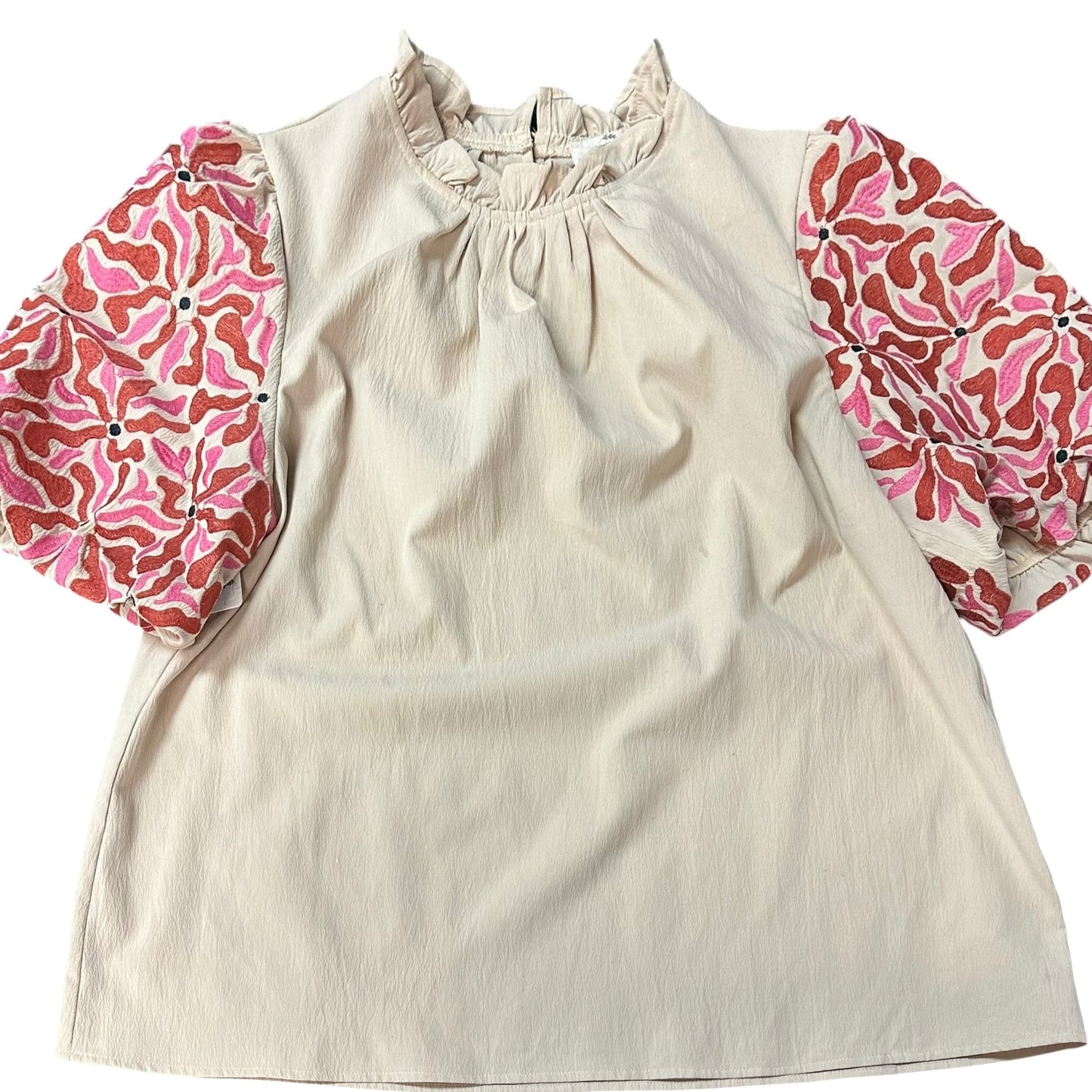 ENTRO TAN BLOUSE EMBROIDERED PUFF SLEEVES 279 LARGE