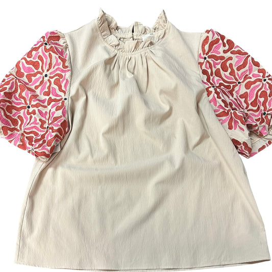 ENTRO TAN BLOUSE EMBROIDERED PUFF SLEEVES 279 LARGE