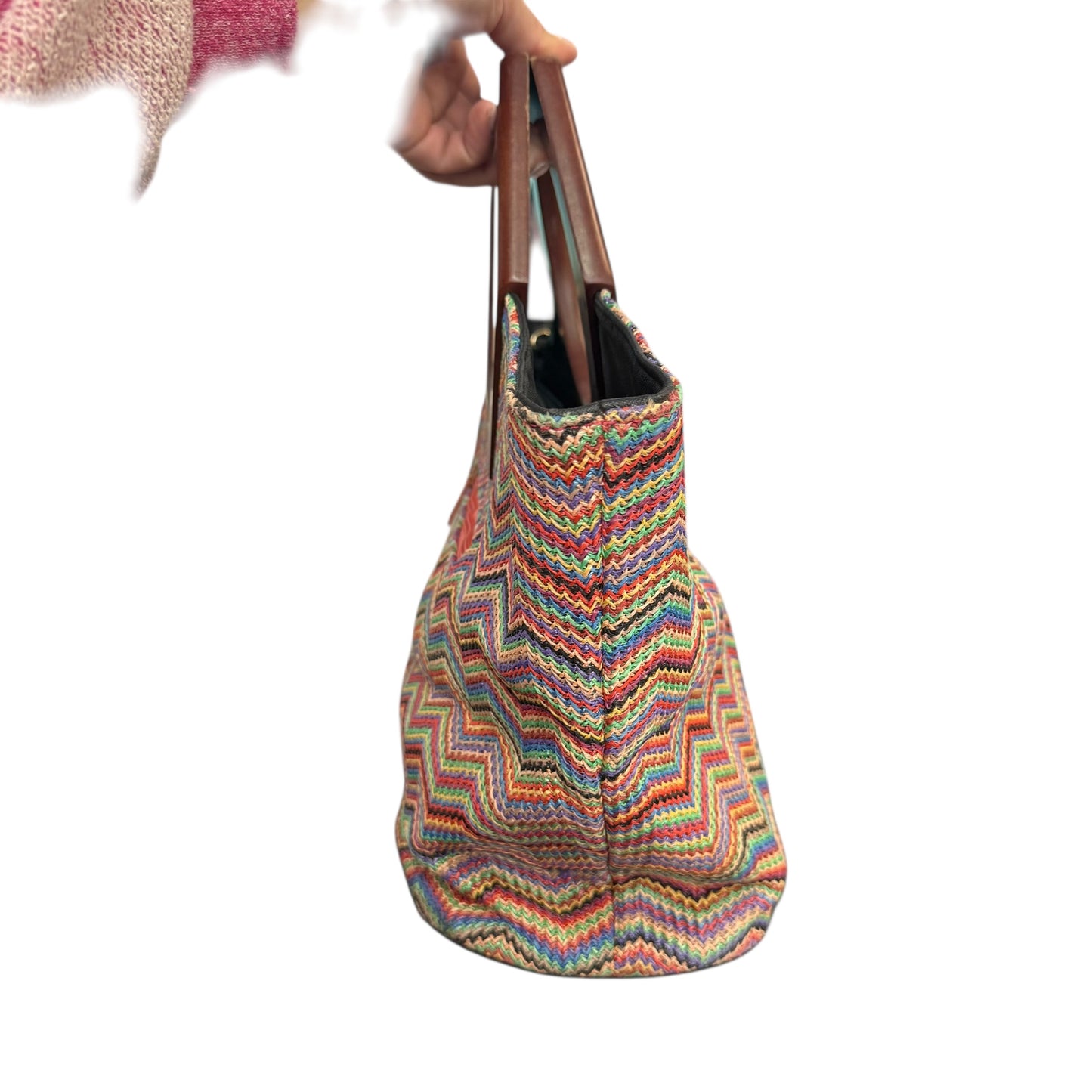 COLORFUL CHEVRON WOVEN HANDBAG HEXAGON WOODEN HANDLE 258 OS