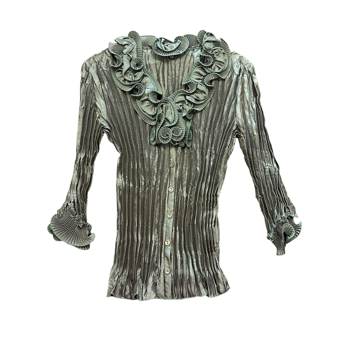 GREEN SATIN BLOUSE Y2K RUFFLE NECKLINE TRUMPET SLEEVES 100 SMALL