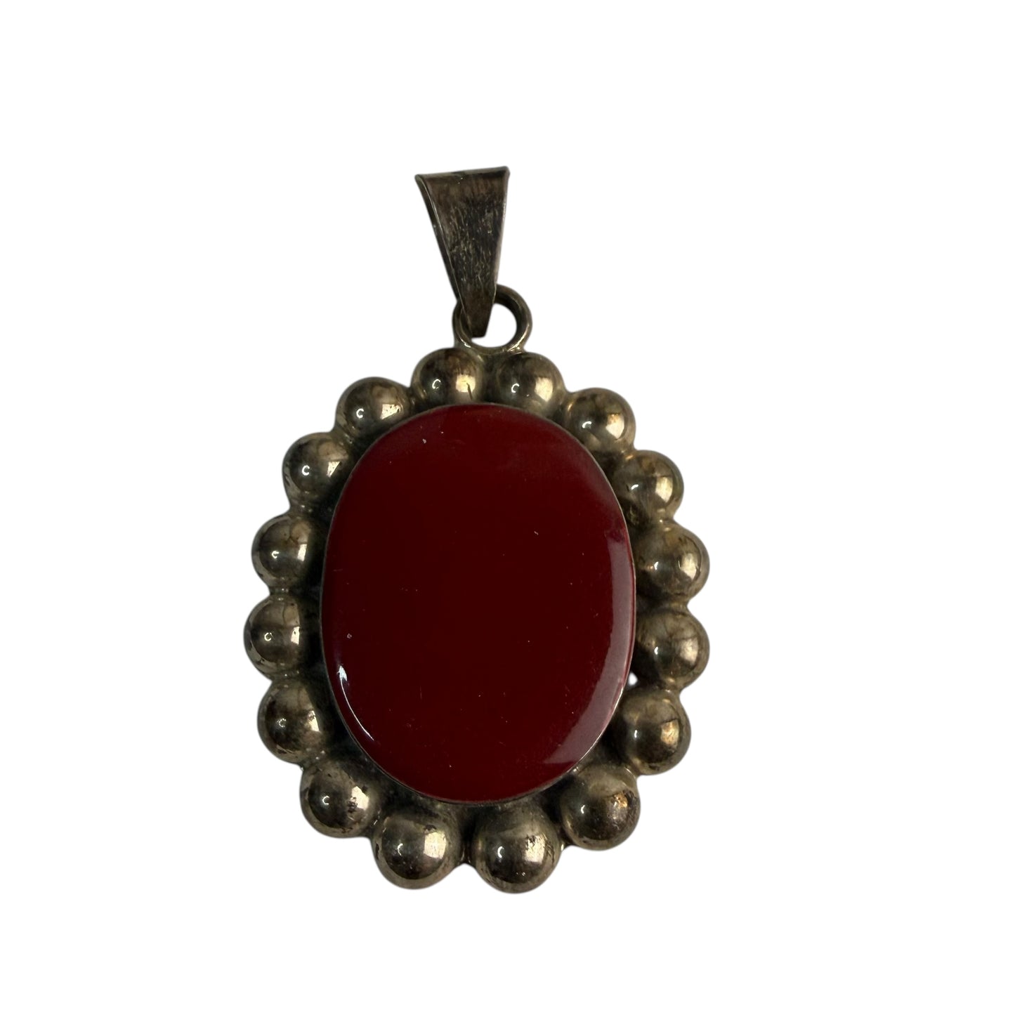 VINTAGE MEXICO 925 STERLING SILVER PENDANT OVAL SHAPED RED CENTER