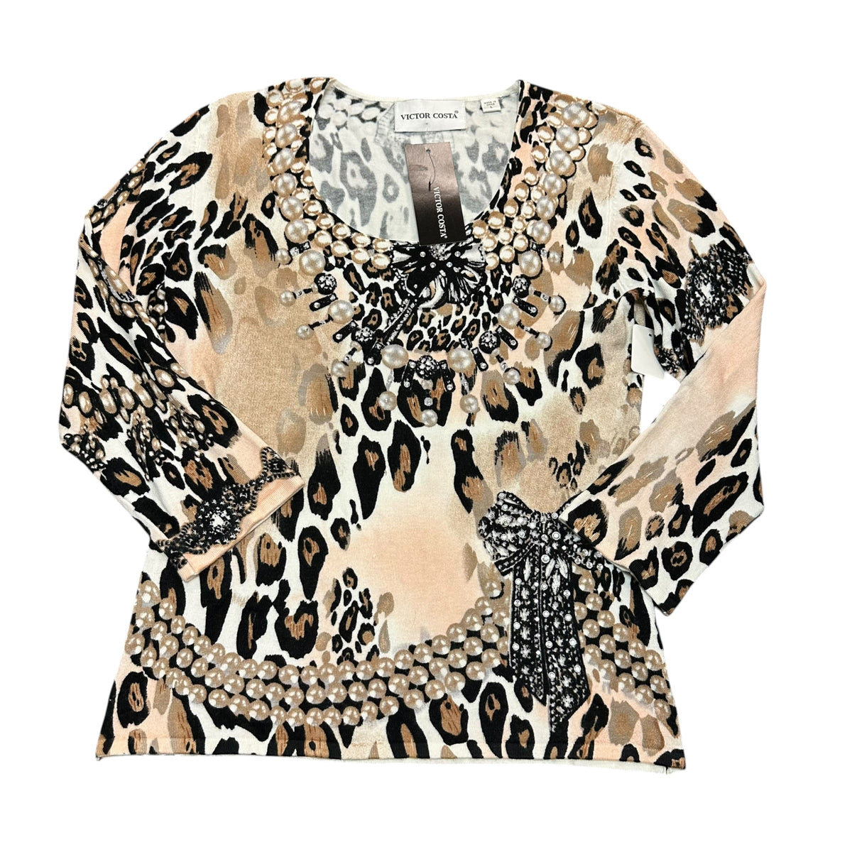 VICTOR COSTA ANIMAL PRINT KNIT BLOUSE EMBELLISHED NWT 216 LARGE