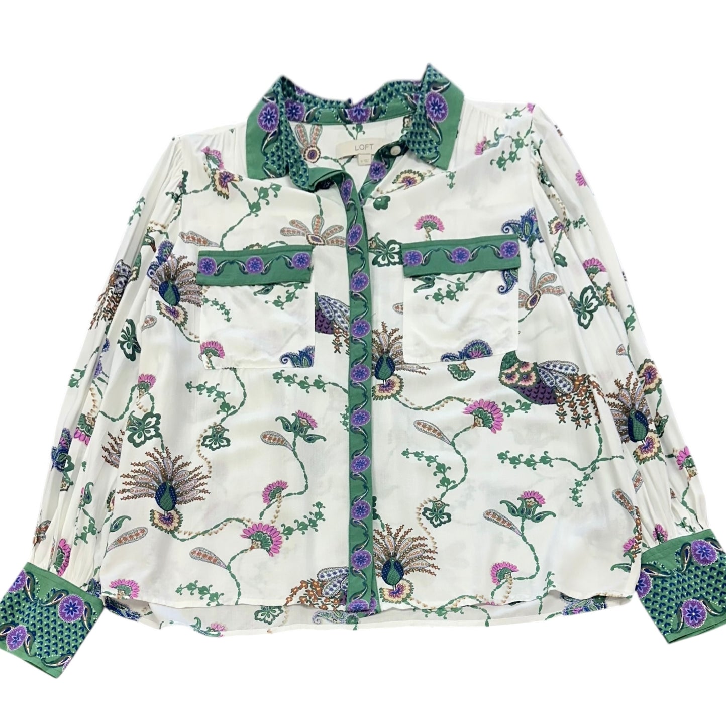 LOFT BEIGE PEACOCK BUTTON UP BLOUSE 26 MEDIUM NWT
