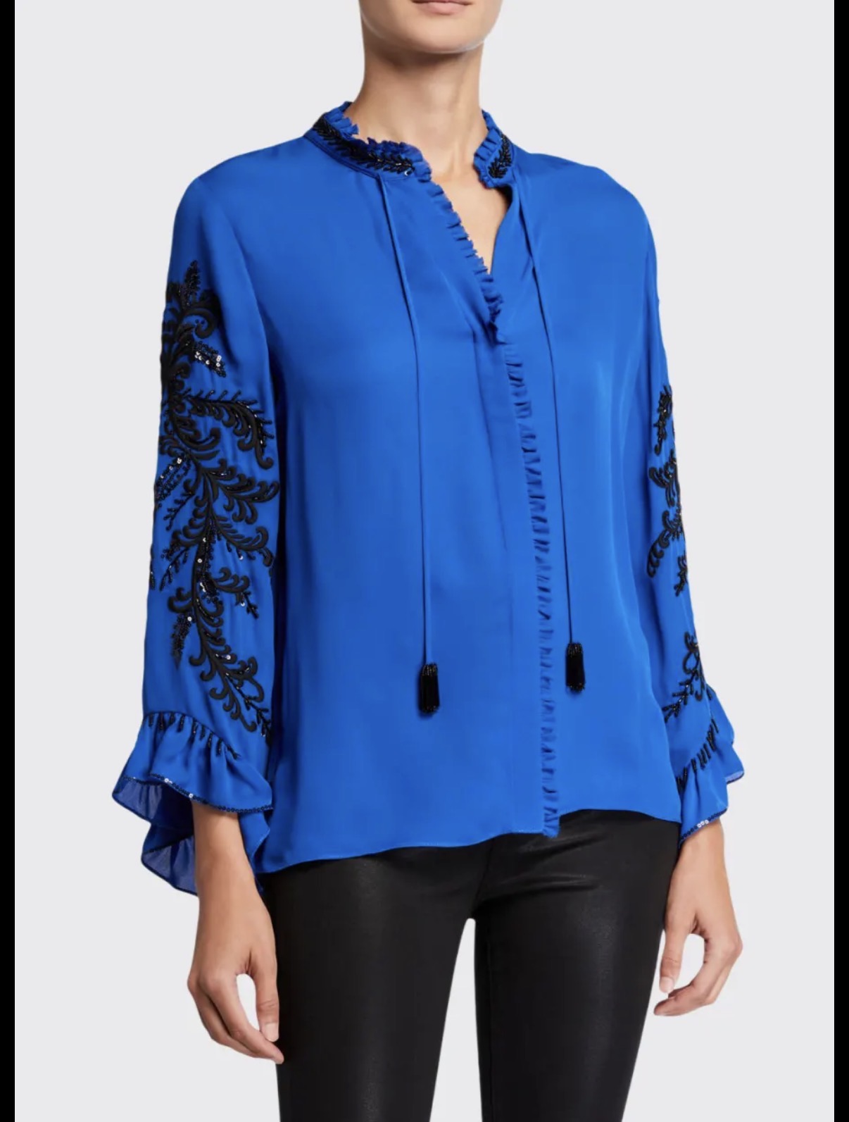 KOBI HALPERIN BLUE SILK BLOUSE BLACK BEADED MARGO 255 MEDIUM