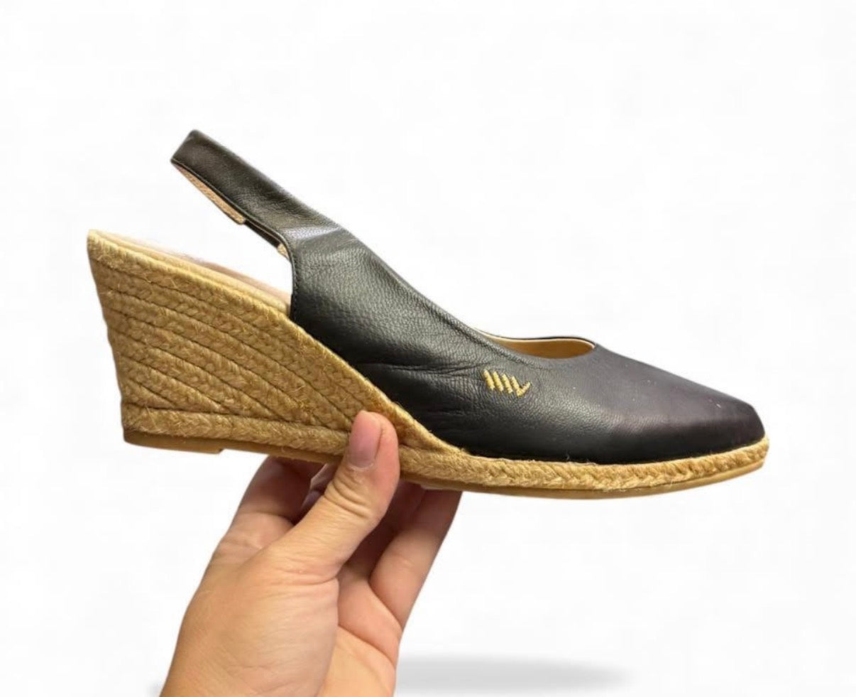 VISCATA PALOMERA CANVAS ESPADRILLE WEDGES BLACK LEATHER 214 SZ 8.5