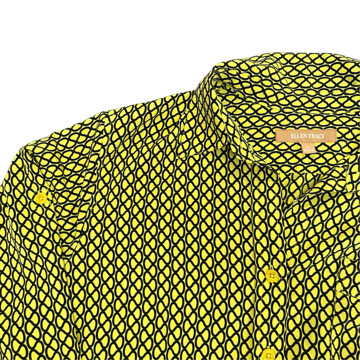ELLEN TRACY YELLOW BLACK GEOMETRIC BUTTON UP BLOUSE 289 LARGE