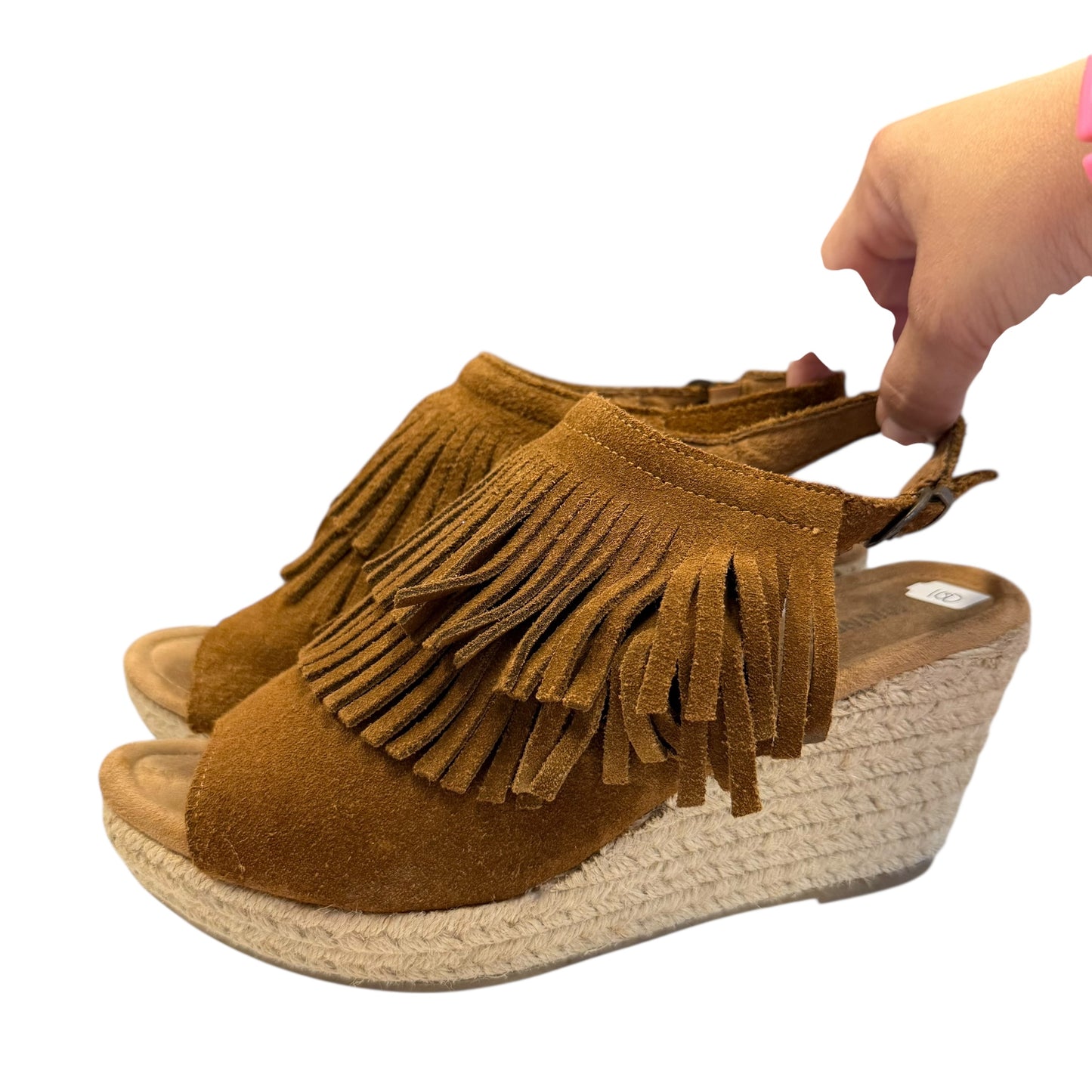 MINNETONKA ASHLEY LAYERED FRINGE ESPADRILLE WEDGE SANDALS BROWN SUEDE 100 SZ 9