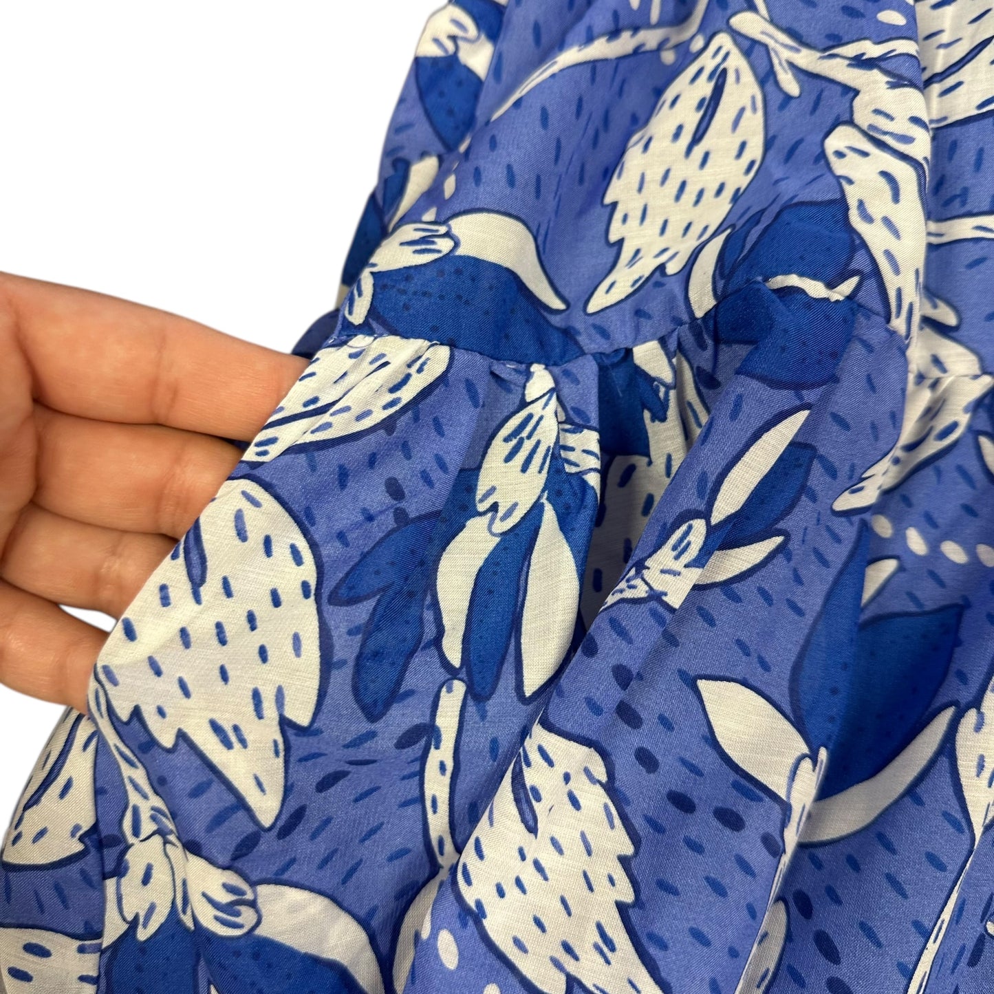 J.MARIE TIERED MII DRESS BLUE WHITE FLORAL PRINT BELTED KAIA 26 NWT $128 LARGE