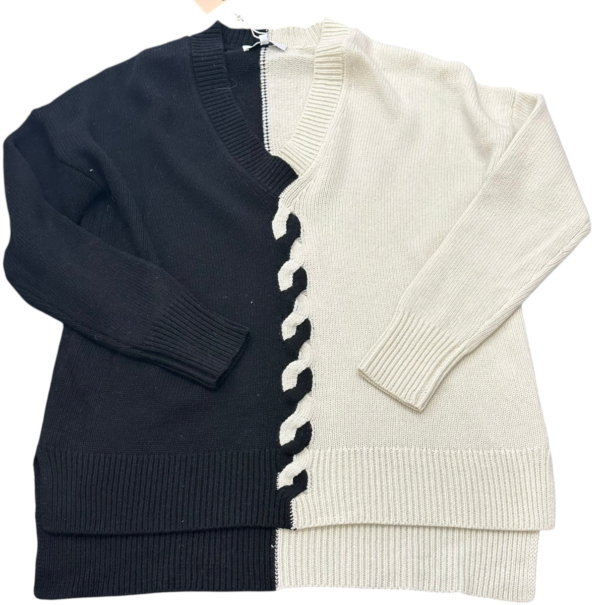 PEARL BLACK WHITE COLORBLOCK BRAIDED SWEATER NWT 216 XS OVERSIZED