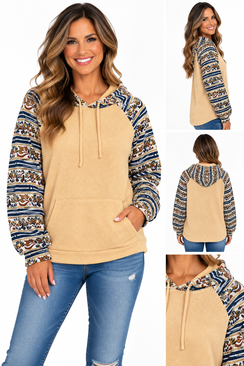 ANDTHEWHY MUSTARD YELLOW HOODIE COLORFUL SLEEVES NWOT 296 MEDIUM