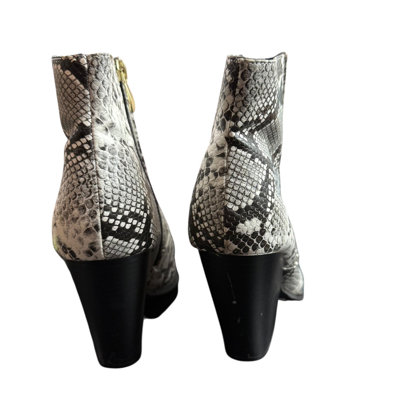 MISBEHAVE BLACK WHITE SNAKE PRINT ANKLE BOOTIES 100 SZ 10