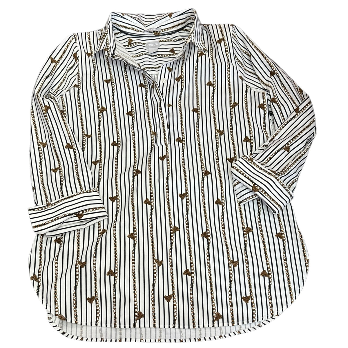 CHICOS BLACK WHITE STRIPED POPOVER BLOUSE 289 MEDIUM / 8