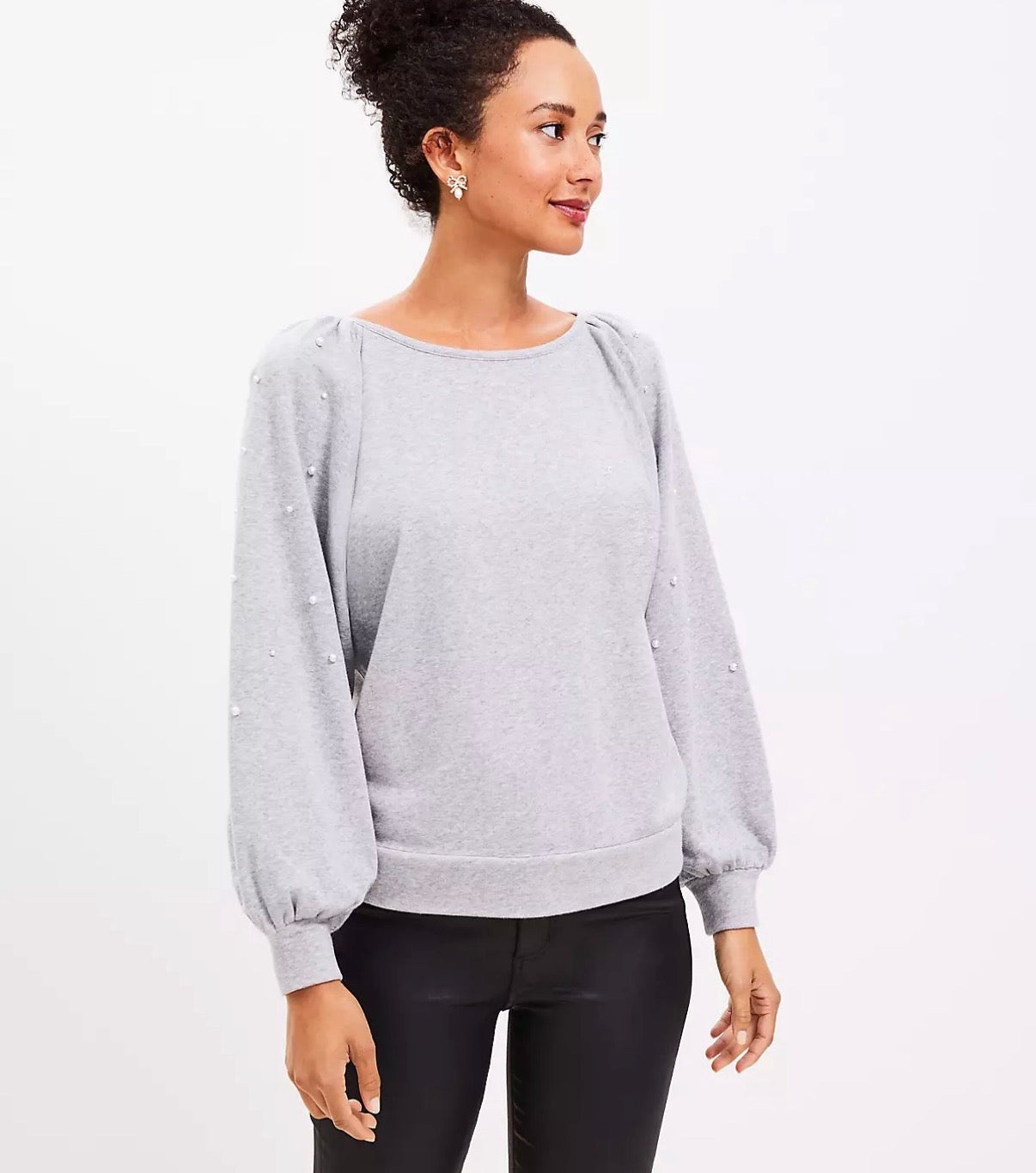 LOFT GRAY SWEATSHIRT PEARL BALLOON SLEEVES 247 SMALL
