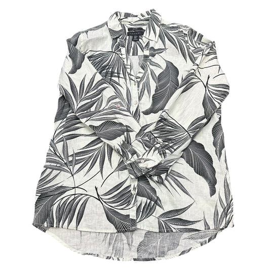 TAHARI TAN BLACK LEAF BUTTON UP BLOUSE 100% LINEN 39 MEDIUM