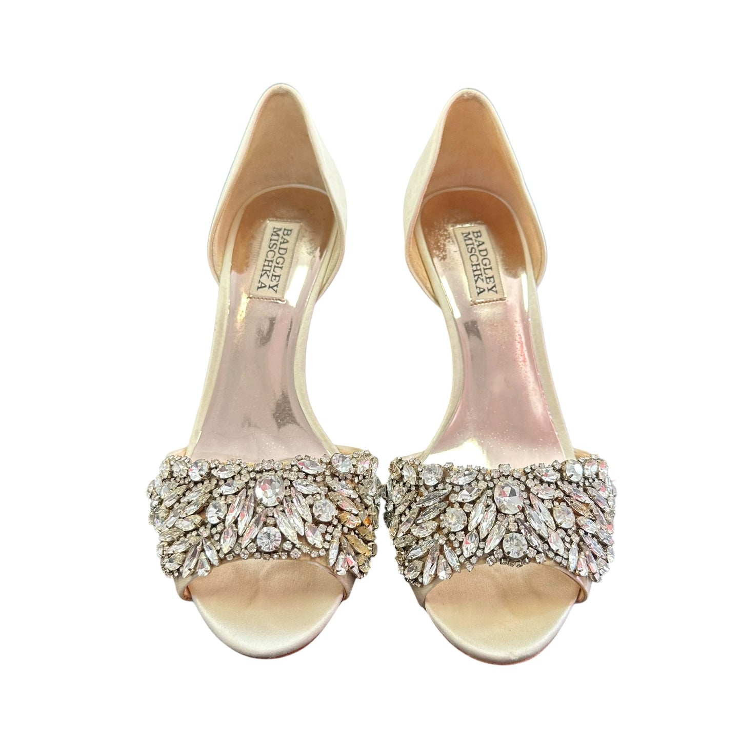 BADGLEY MISCHKA HANSEN HEELS IVORY SATIN 119 SZ 7.5