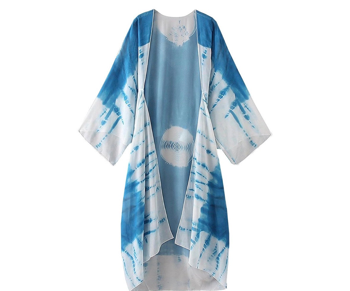 BLUE WHITE SEMI SHEER TIE DYE KIMONO 100 SMALL