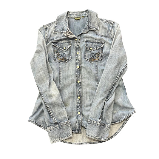 EDDIE BAURER BLUE DENIM CHAMBRAY BUTTON UP 100 S/M