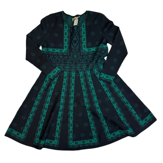 ELIZA J - BLACK/GREEN KNIT LONG SLEEVE FIT FLARE DRESS LARGE