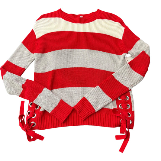 MINNIE ROSE STRIPED LACE UP SWEATER RED WHITE GRAY 249 COTTON CASHMERE BLEND XS