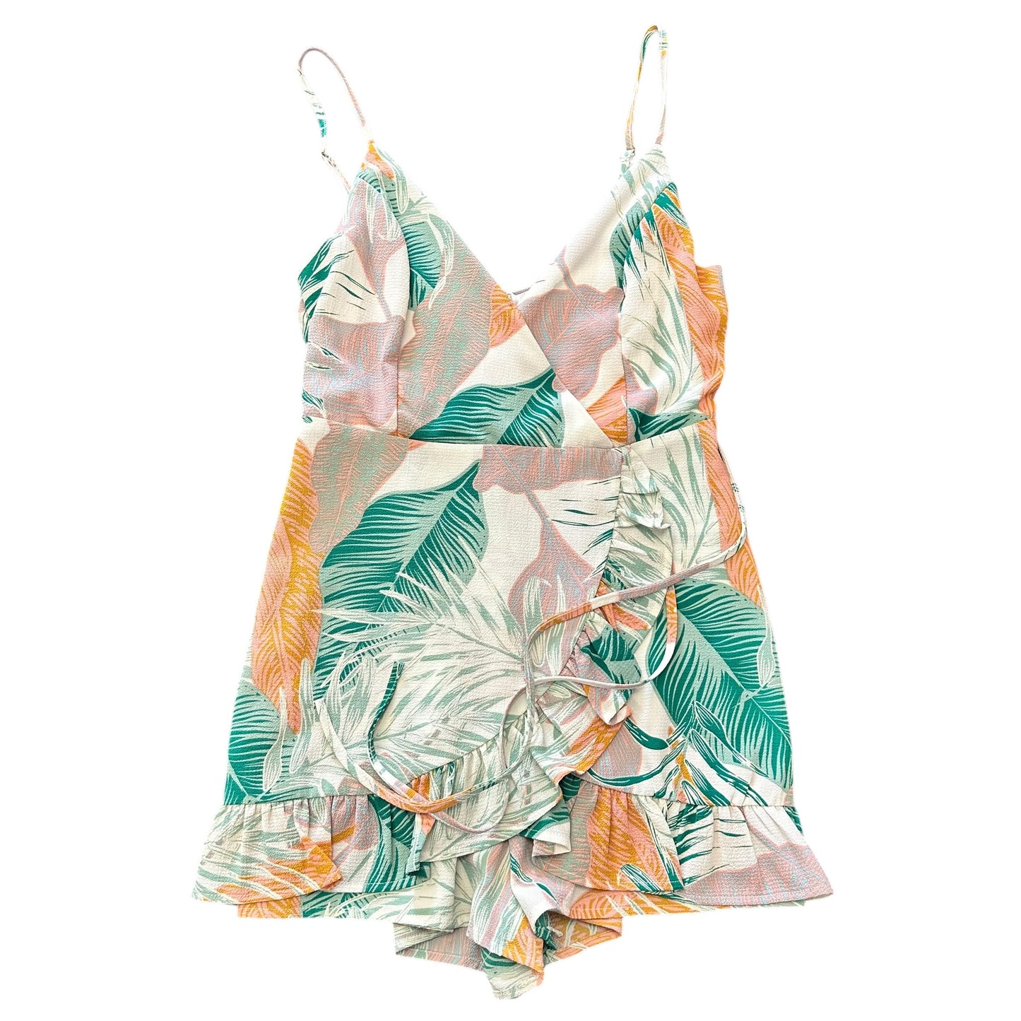 BLUE BLUSH TROPICAL LEAF ROMPER RUFFLE NWOT 158 SMALL
