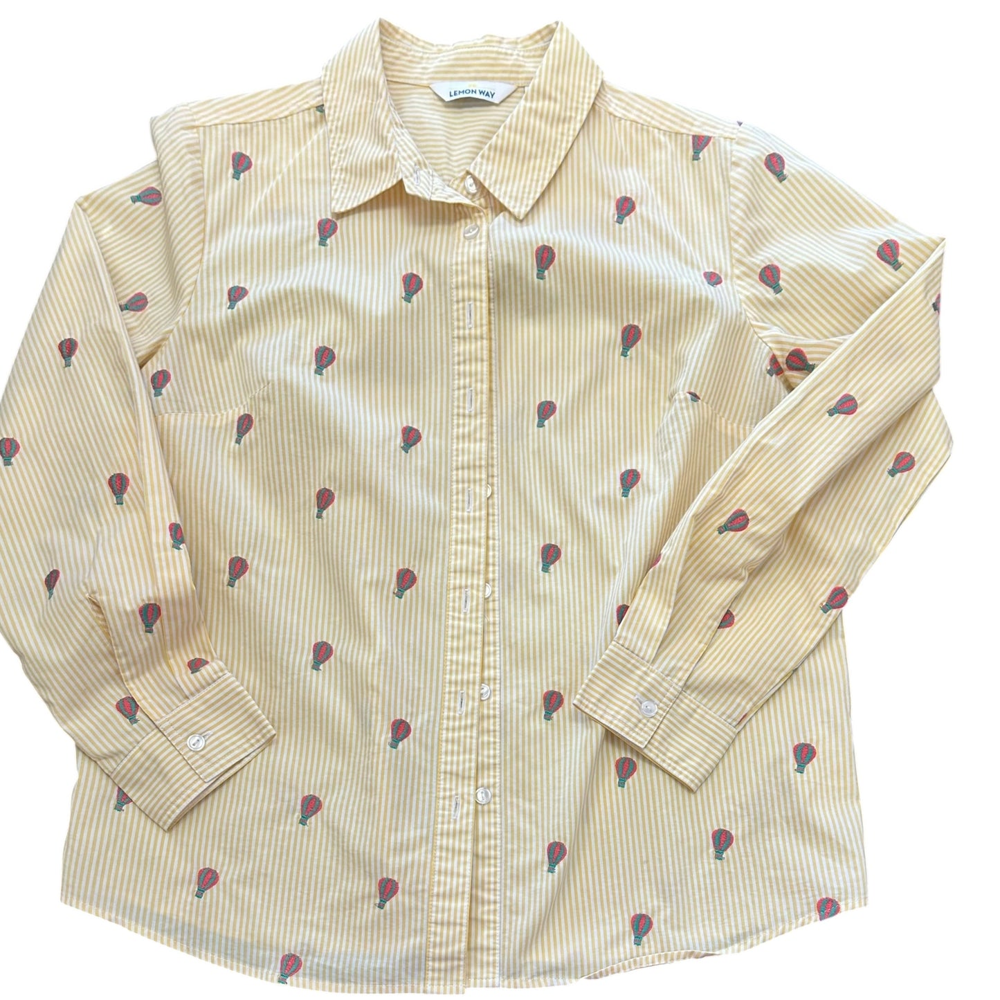 LEMON WAY YELLOW WHITE STRIPED BUTTON UP BLOUSE HOT AIR BALLOONS 158 MEDIUM