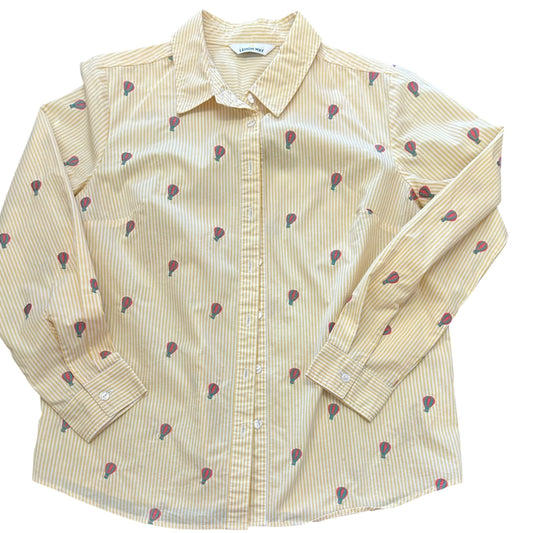 LEMON WAY YELLOW WHITE STRIPED BUTTON UP BLOUSE HOT AIR BALLOONS 158 MEDIUM