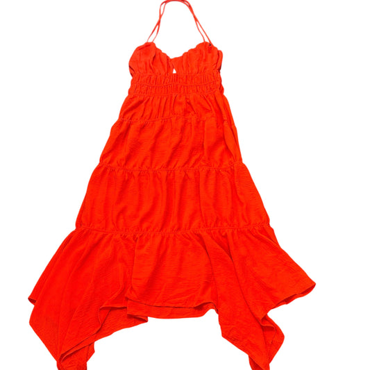 MONTEAU ORANGISH RED HALTER TIERED DRESS 122 MEDIUM