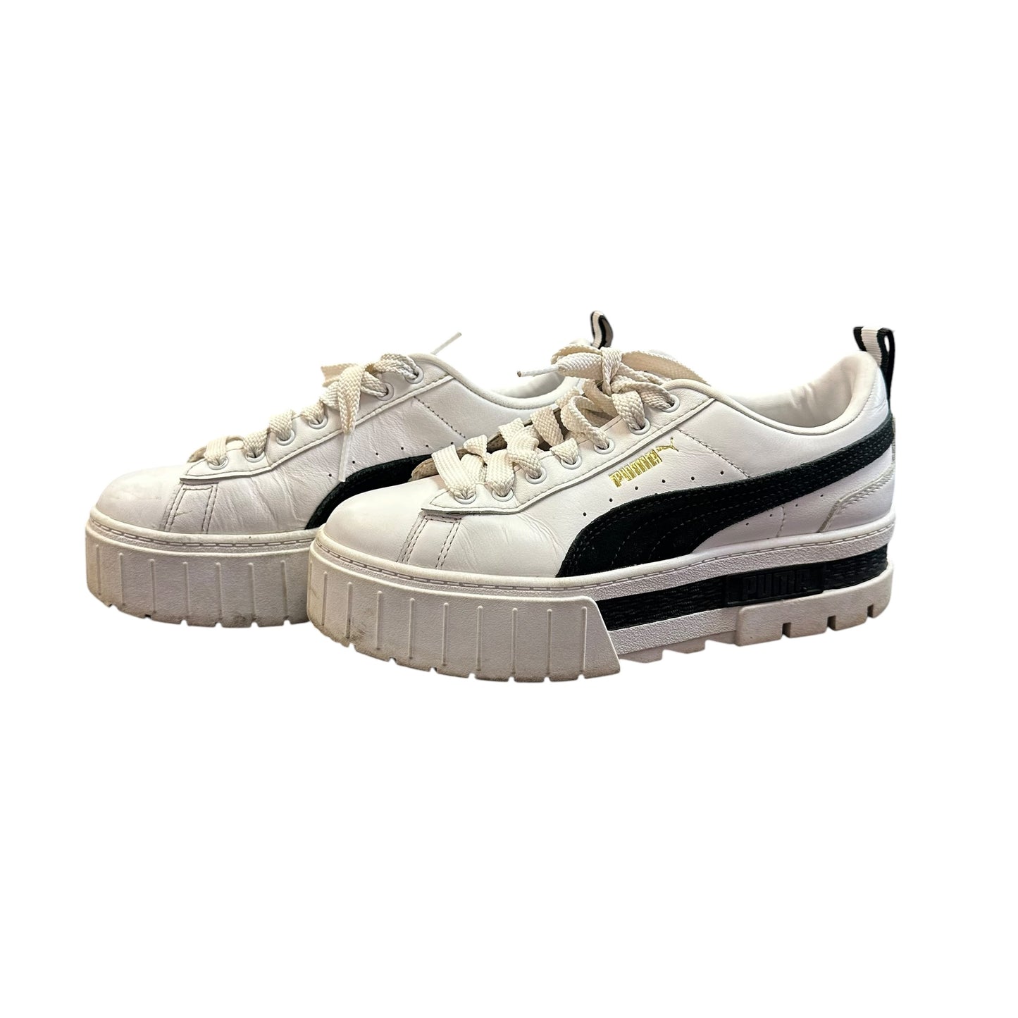 PUMA MAYZE LEATHER PLATFORM SNEAKERS WHITE BLACK 100 SZ 6.5