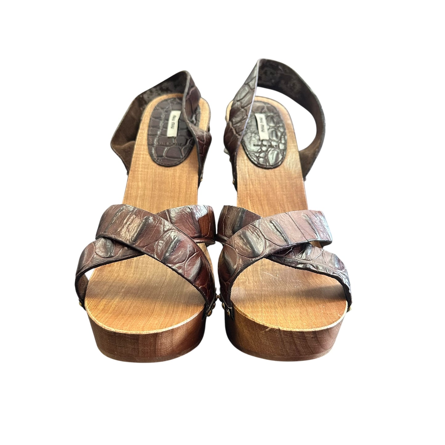 MIU MIU BROWN CROC EMBOSSED LEATHER PLATFORM SANDALS 163 SZ 10